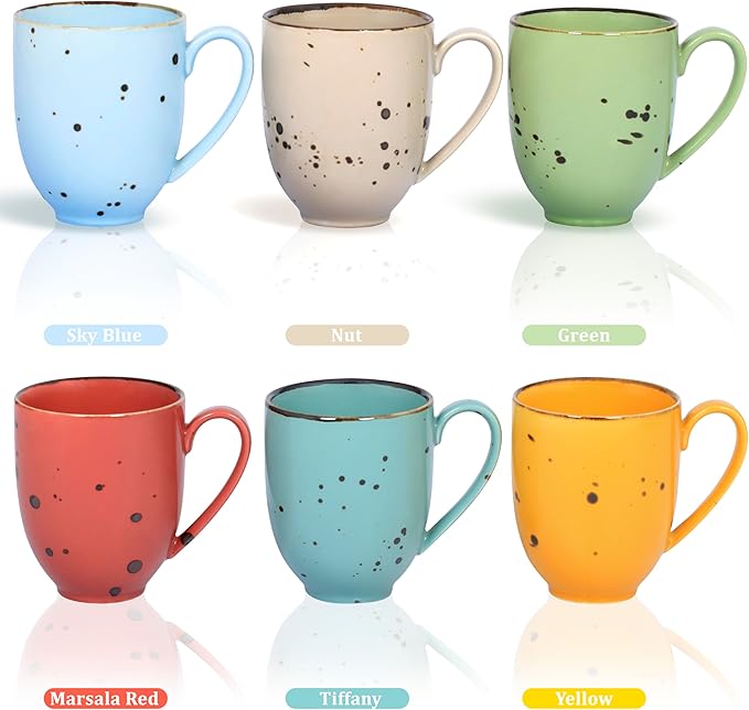 Coffee Mugs Set Of 6, 14 Oz Large Handle Heavy Duty Cups - Microwave Dishwasher Safe - Latte, Cappuccino, Tea, Cocoa, Mocha - Men, Women, Home Office Daily Use, Vivid Assorted Colors