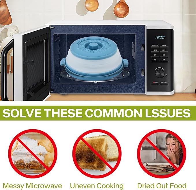 Microwave Cover for Food & Anti-scald Base,Large Collapsible Microwave Splatter Cover,Plastic & Silicone Vented Guard Lid for Meal, Plate Holder & Kitchen Colander(Blue)