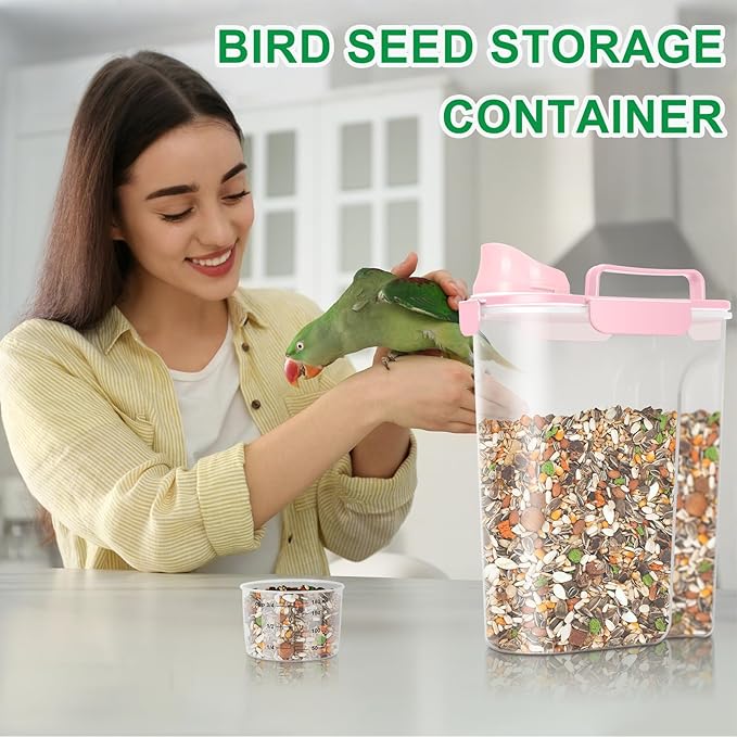 Pet Dog Cat Food Storage Container 5 to 7 lbs with Can Cover and Mixing Spoon, Airtight Pet Food Storage Dispenser with Large Spout & Measuring Cup for Kibble Dog Treat Bird Seed Container -Pink
