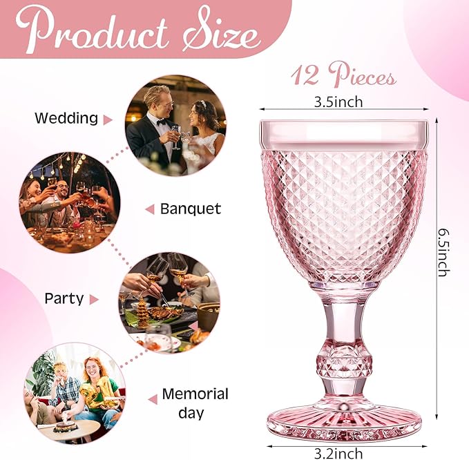 Bokon 12 Pack Pink Glass Goblets Set 10 oz High Clear Wine Glass Vintage Water Goblets Cups Embossed Diamond Design Glassware with Stem for Drinking Juice Liquor Party Wedding Bar