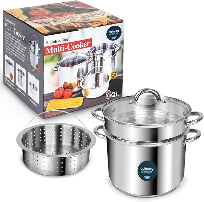 Culinary Edge Stainless Steel 8-Quart Nonstick 4-Piece Multi-Cooker with Steamer and Pasta Pot Cookware Set