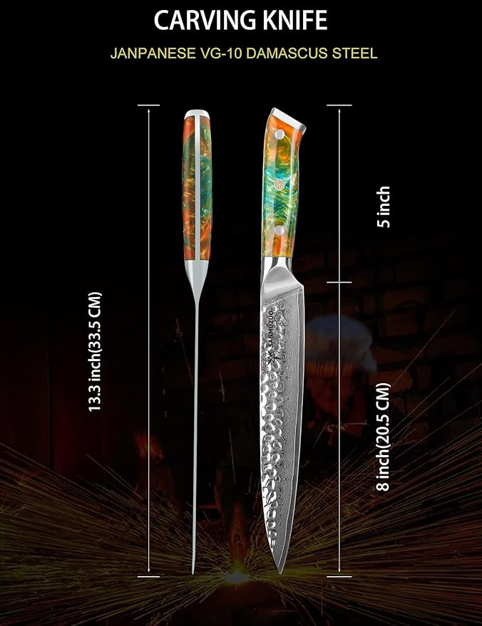 8 Inch Carving Knife, Meat Slicing Knife - Hammered Damascus Steel & Resin Handle - Yao Series