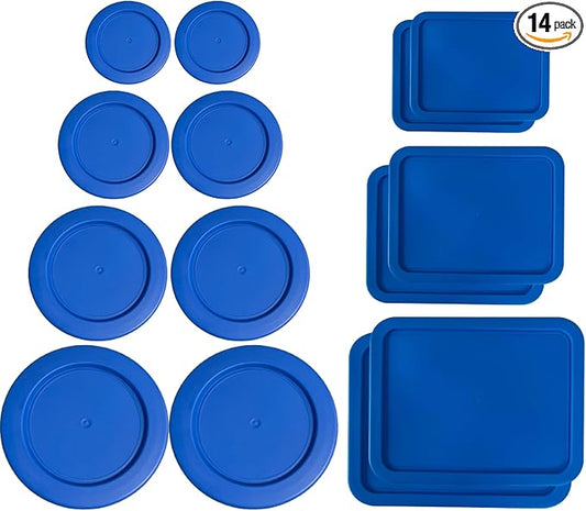 1, 2, 4 & 7 Cup Blue Round & 3, 6, 11 Cup Blue Rectangle Replacement Lids/Covers for Pyrex, Anchor Hocking & KlareWare Storage Bowls *Lids Only -Glass Container Not Included*, 14 Pack *2 of Each Size*