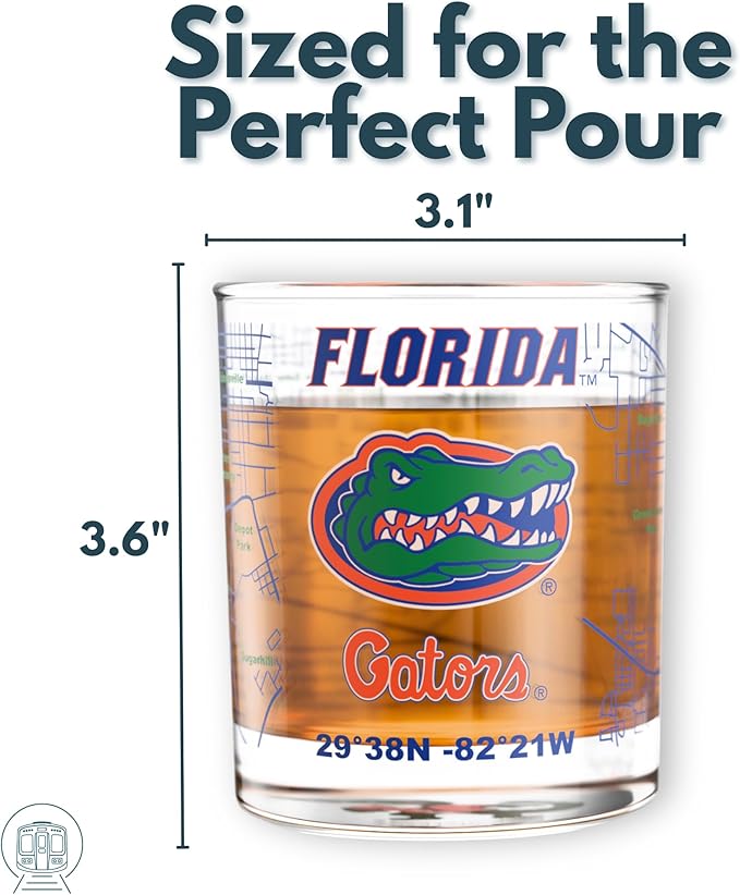 Greenline Goods – University of Florida Gators College Whiskey Glasses (Set of 2), 10 oz – Full-Color Logo + Campus Map