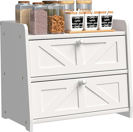 Bread Box for Kitchen Countertop, Double Layer Wooden Breadbox, Large Capacity Bread Storage Bin, Homemade Bread Storage Container, Farmhouse Breadbox Organizer, White