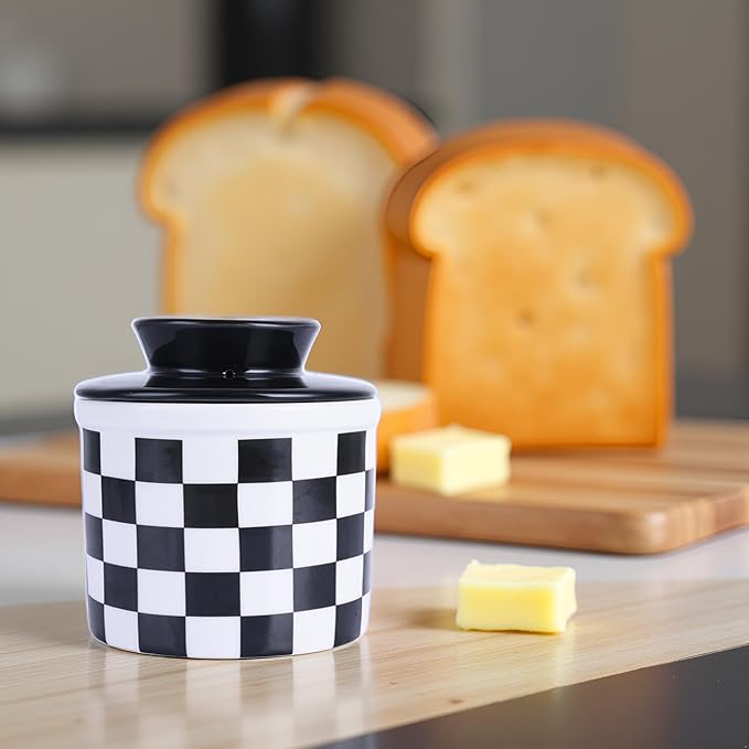 Checkered Butter Crock with Lid,Ceramic Butter Keeper for Countertop, Black And White French Butter Crock
