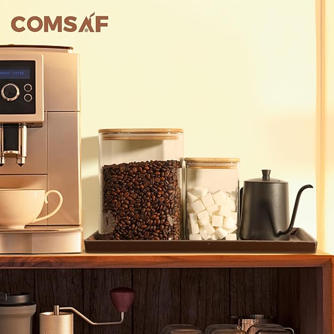 ComSaf Glass Food Storage Containers, 3.6Qt/1.2Qt Glass Flour and Sugar Containers with Airtight Lids, Large Square Jars with Bamboo Lids for Rice, Pasta, Oats, Grains, Cookies, Snacks, Candy