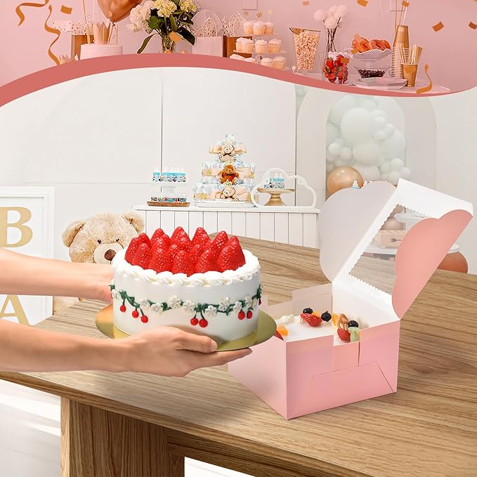 20Pcs 8 Inch Cake Boxes with Window, 8x8x5 Inches Pink Bakery Boxes, Cake Carrier Container for Pastries, Pie, Cookies, Chocolates, Cupcakes, Birthday Party, Wedding