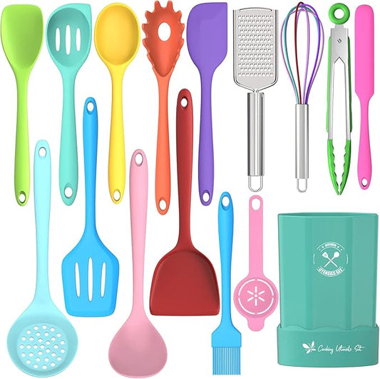 Silicone Kitchen Utensils Set, 16-Piece Silicone Cooking Utensils by Deedro, Heat Resistant Kitchen Tools Set with Holder, Nonstick Spatula Kitchen Gadgets for Cooking & Baking, Colorful