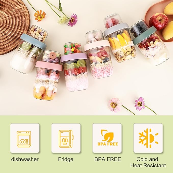 6 Pack Overnight Oats Containers with Lids, 16 OZ Dual Layer Yogurt Containers with Dry and Wet Separation, Airtight Leak Proof Oatmeal Jar for Chia Pudding, Breakfast, Cereal