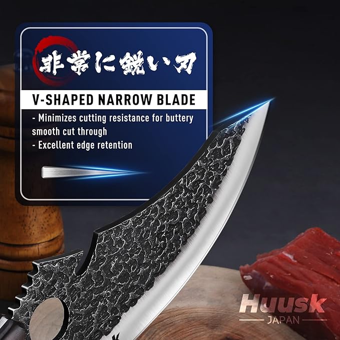 Huusk Japan Knife for Meat Cutting, Caveman Knives for Vegetables Butcher Knives with Full Tang Handle Viking Knives with Opener & Sheath for Kitchen BBQ Camping Outdoor, Gifts for Dad Christmas Gift