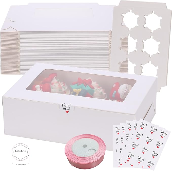 20Packs- 6 Count White Cupcake Containers Bakery Cake Boxes, Birthday, Wedding, Christmas party, Auto-Popup Cupcake Boxes for personalized gift giving , Cookies, Baking Gift Display, cake boxes