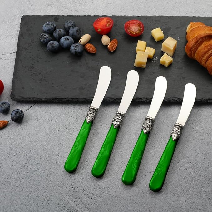 REVERIE Collection 4-piece Stainless Steel Butter Spreader Cheese Knife, Giftable Butter Knives set, Bread Knife set (Green)