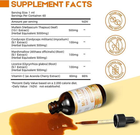 Mullein Drops for Lungs Cleanse - Cordyceps, Marshmallow Root & Licorice Root Extract, Respiratory Herbal Supplement with Mullein Leaf Extract for Immune Support & Bronchial Cleanse, 2 Fl Oz