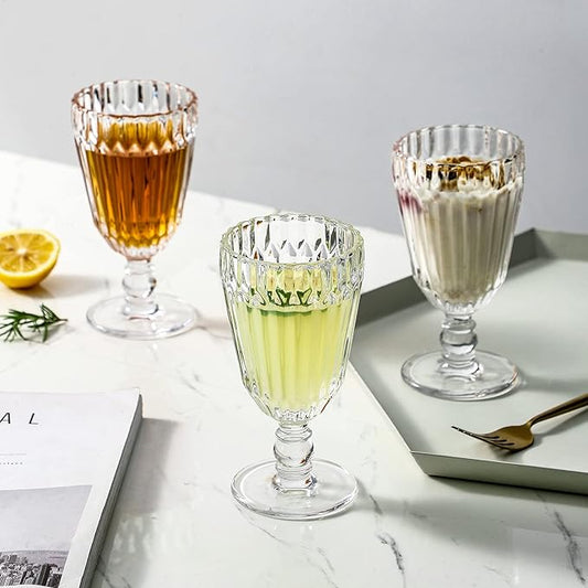 Vintage Embossed Glass Chalice Goblets 𝟴.𝟴 𝙤𝙯. Set of 6 Clear Stemmed Drinking Glassware for Iced-tea, Juice, Cocktail, Beverage for Wedding and Party.