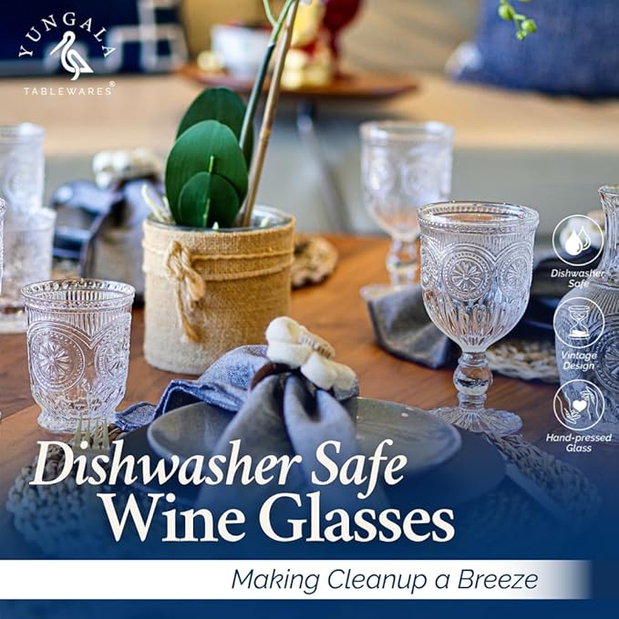 Yungala Vintage Wine Glasses,Set of 6 Glass Goblets for Water, Wine or Cocktails - Fancy Wine Glasses with a retro vibe. Sunflower Embossed Design on sturdy dishwasher-safe glasses.