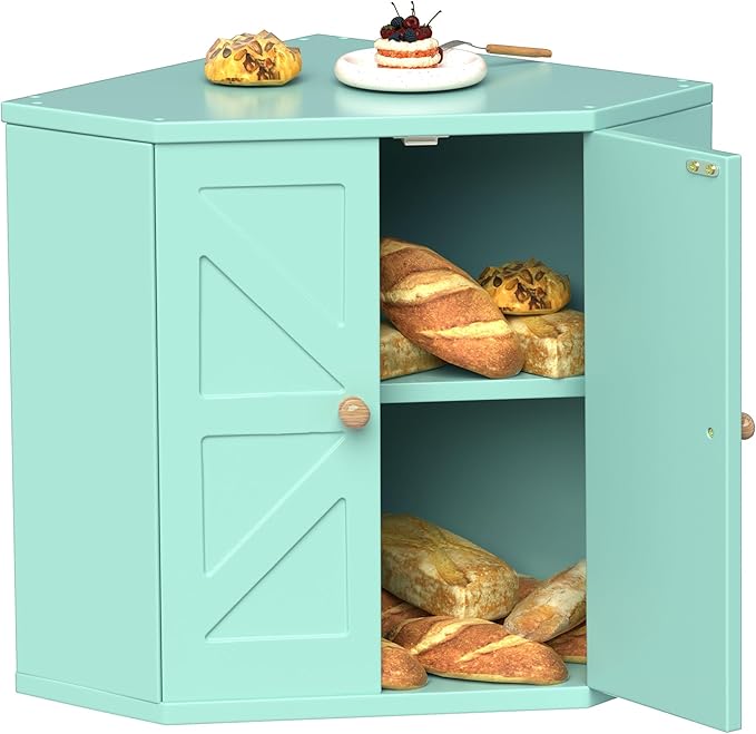 Corner Bread Box for Kitchen Countertop,Storage Container for Homemade Bread, Double Layer BreadBox, Large Capacity Bread Storage Bin, Vintage Farmhouse Breadbox Organizer, Green