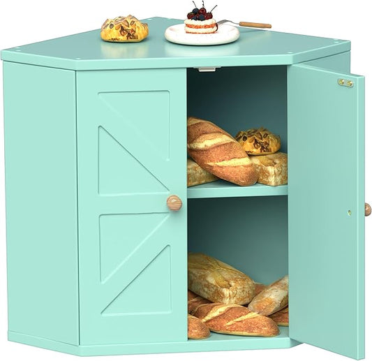 Corner Bread Box for Kitchen Countertop,Storage Container for Homemade Bread, Double Layer BreadBox, Large Capacity Bread Storage Bin, Vintage Farmhouse Breadbox Organizer, Green