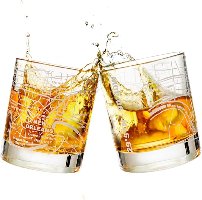 Greenline Goods Whiskey Glasses - 10 Oz Tumbler Gift Set for New Orleans lovers, Etched with New Orleans Map Old Fashioned Rocks Glass - Set of 2