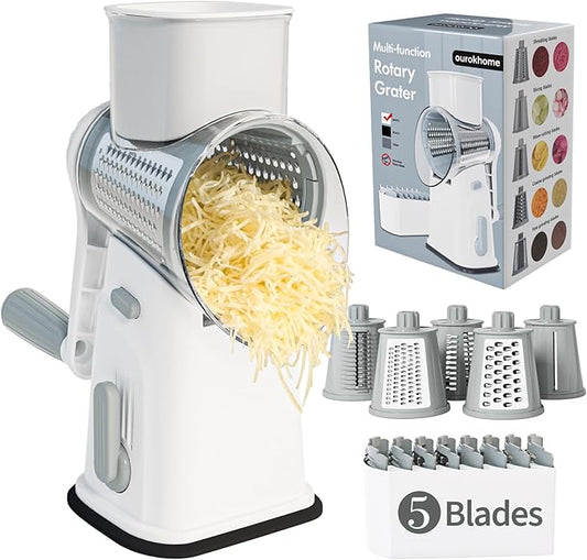 Ourokhome Rotary Cheese Grater Cheese Shredder, Mandoline Vegetable Slicer with 5 Interchangeable Blades and Strong Suction Base for Fruit, Vegetables, Nuts White