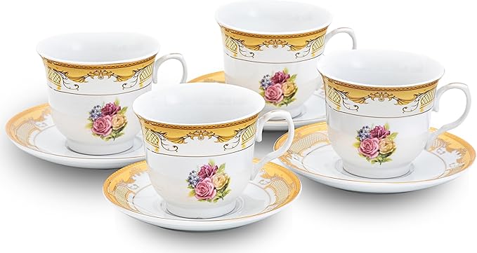 Vintage Rose Porcelain Tea Set - Gorgeous 8 Piece Dinnerware with 5.5 Inch Saucers, 6.5 oz Cups - For Tea Parties, Cappuccino, Every Day Dishes and Formal Occasions (Roses Gold 3008, 8 Piece)
