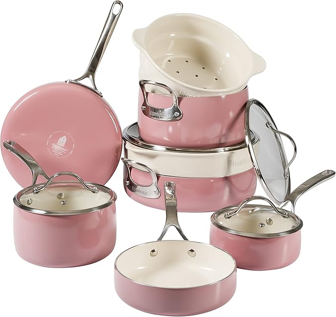 Bloomhouse 12 Piece Aluminum Pots and Pans Cookware Set w/Non-toxic Ceramic Non-stick, Ceramic Steamer Insert, & 12 Protective Care Bags - Pink Orchid