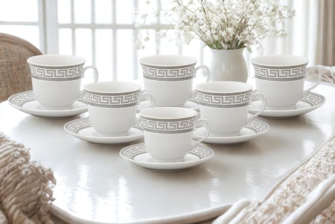 Porcelain Tea Cup and Saucer Set - 12 Piece White and Silver Greek Key Design - 6.5 oz Cups, 5.5 inch Saucers - Vintage Tea Set For Adults, Elegant Party Tea Cup Set (Meander Silver)