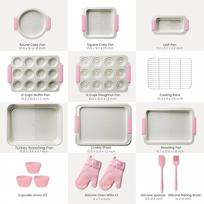 Kikcoin 25 PCS Stackable Baking Pans Set, Non-stick Bakeware Sets with Silicone Handles, 450°F Oven Safe Cookie Sheets for Baking, Easy Release Heavy-duty Baking Sheets Non Stick, Pink
