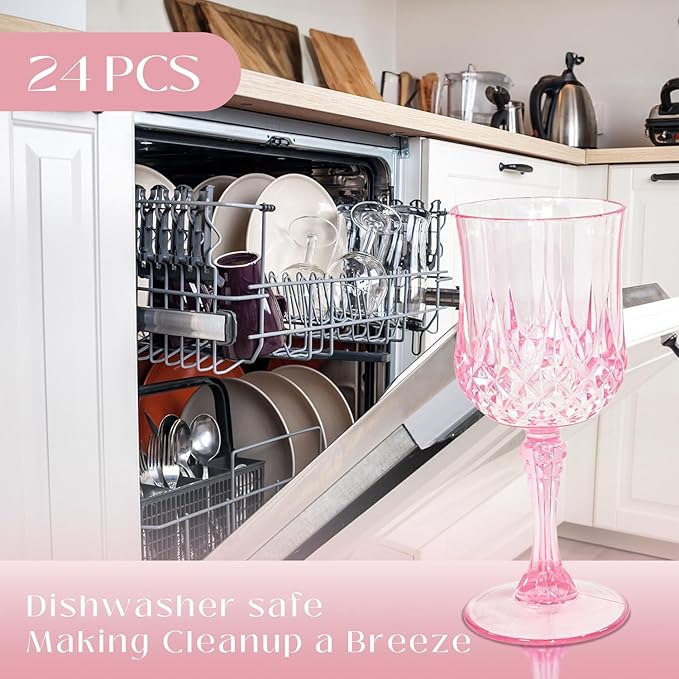 48 PCS Plastic Pink Wine Glasses, Plastic Goblets Pink Vintage Wine Glasses, Reusable Drinkware Vintage Champagne for Parties for Wedding Reception Grand Event Party, 7oz