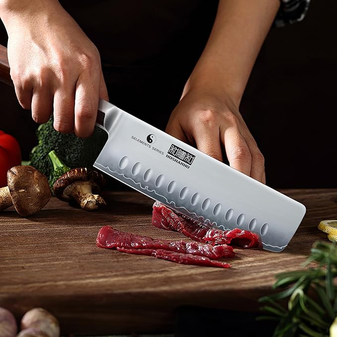 Nakiri Knife 7 Inch, Hand Forged Japanese High-corbon Steel Chef Knife, Multipurpose Meat and Vegetable Kitchen Knife with Red Sandal Wooden Handle & Gift Box