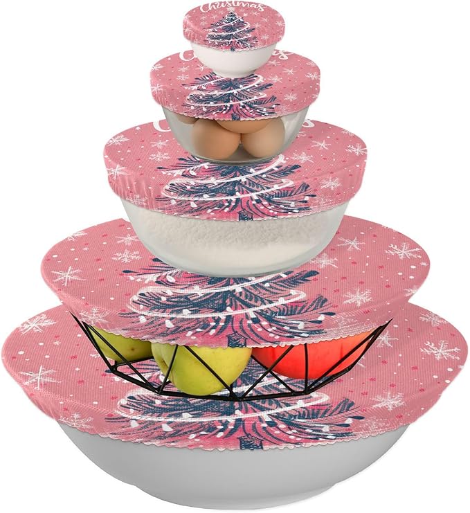 5 Pcs Bowl Covers Reusable in 5 Size Elastic Food Cover Cloth Lids Fresh Keeping Dish Cookware Bakeware Fabric Covers Lids for Food Leftovers Fruits Storage Pink Christmas Tree