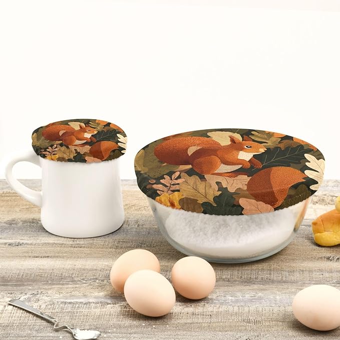 5 Pcs Bowl Covers Reusable in 5 Size Elastic Food Cover Cloth Lids Fresh Keeping Dish Cookware Bakeware Fabric Covers Lids for Food Leftovers Fruits Storage Orange Squirrel Leaves Falling