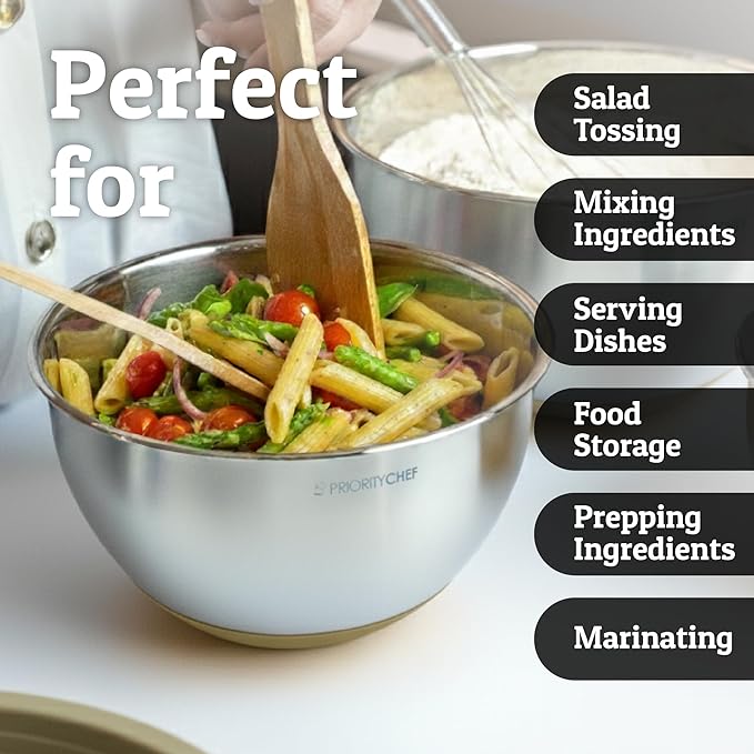 Priority Chef Stainless Steel Mixing Bowls with Lids Set, Metal Nesting Bowls with Airtight Lids, Graters, Non-Slip Base & Measurement Marks, Includes Utensil Set for Prep, Baking & Storage, Khaki