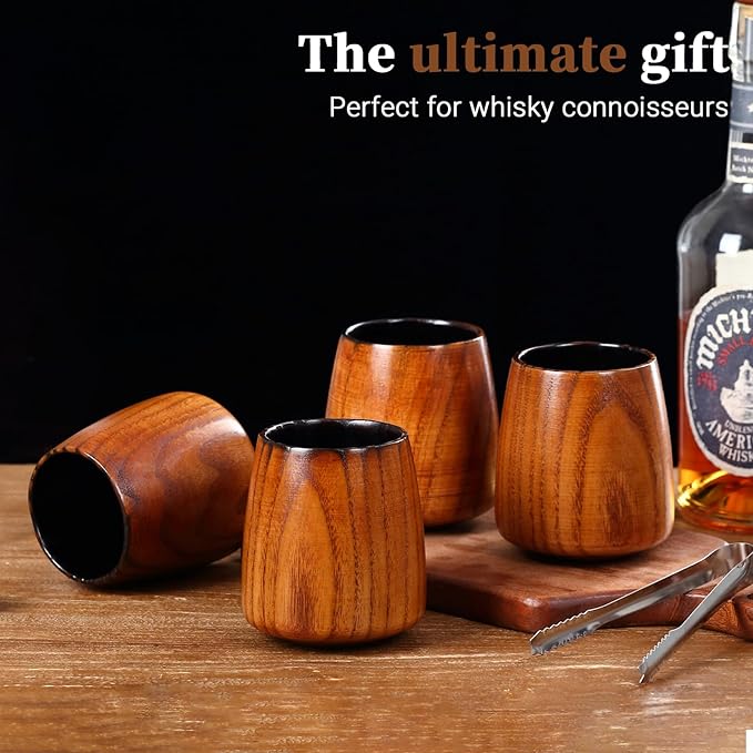 Charred Wooden Whiskey Glass – Handcrafted Bourbon Tumbler with Charred Interior | Old Fashioned Whiskey Glass for Bourbon Lovers | Unique Christmas Whiskey Gifts for Men, Dad, Husband (4Pcs)