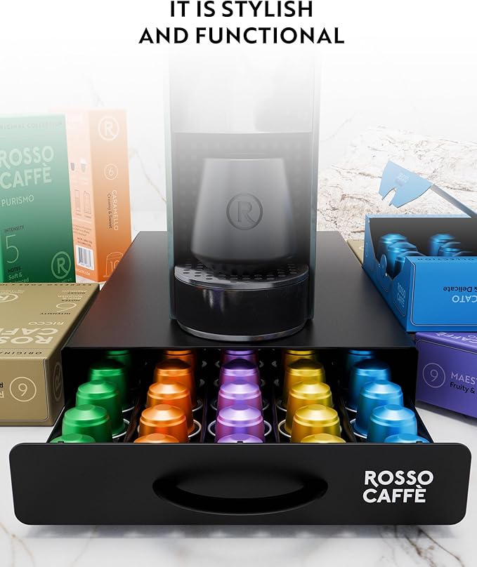 ROSSO CAFFÈ - Coffee Capsule Drawer Organizer, Holds Up to 45 capsules, Space-Saving Storage, Sleek Countertop Design