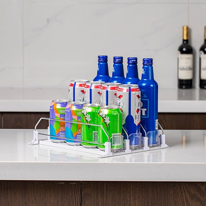 Rula Drink Organizer for Fridge, Self-Pushing Soda Can Dispenser for Mini Refrigerator, Width Adjustable Water Bottle Pusher Glide, White, 3 Rows,12.2” D