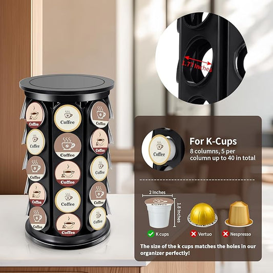 Coffee Pod Carousel Compatible with K-Cup Pods, K Cup Holder Holds 40 Coffee Capsule, New Modern Design for Kitchen Office Countertop or Coffees Station Organizer, Detachable (Black)
