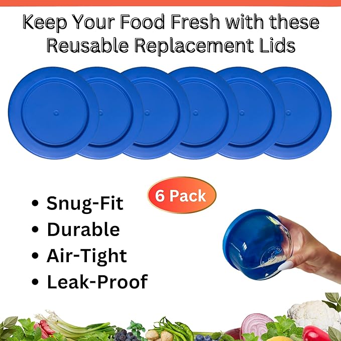 rivel Klareware 4 Cup Blue Round Plastic Food Storage Replacement Lids Covers for Klareware Anchor Hocking and Pyrex Glass Bowls (Container not Included) (6 Pack)