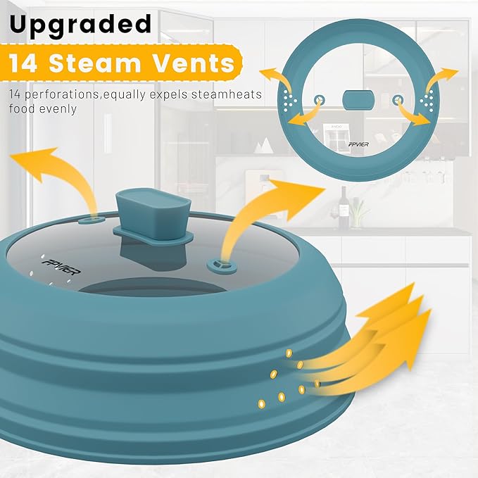 Microwave Splatter Cover, Vented Silicone and Glass Cover Splatter Guard Lid, Food Collapsible Plate Cover Lid with Easy Grip Handle. (Blue, 10.8 inch)