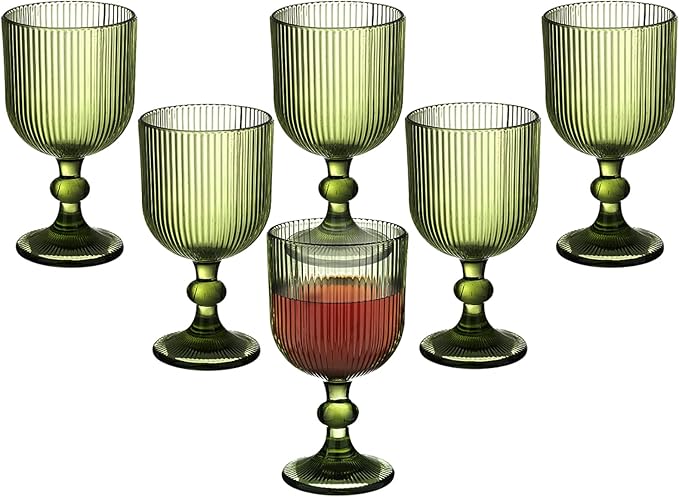 Green Vintage Wine Glasses Set of 6, 11 Ounces Colored Glass Water Goblets, Unique Embossed Pattern High Clear Stemmed Glassware Wedding Party Bar Glass Drinking Cups Fancy Glasses Vertical Line