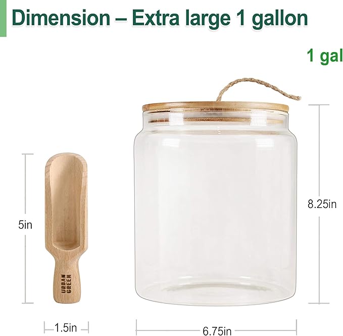 Urban Green Glass Jars with Airtight Lids, Airtight Glass Canisters with Locking Lids, (Bamboo-1Gal)