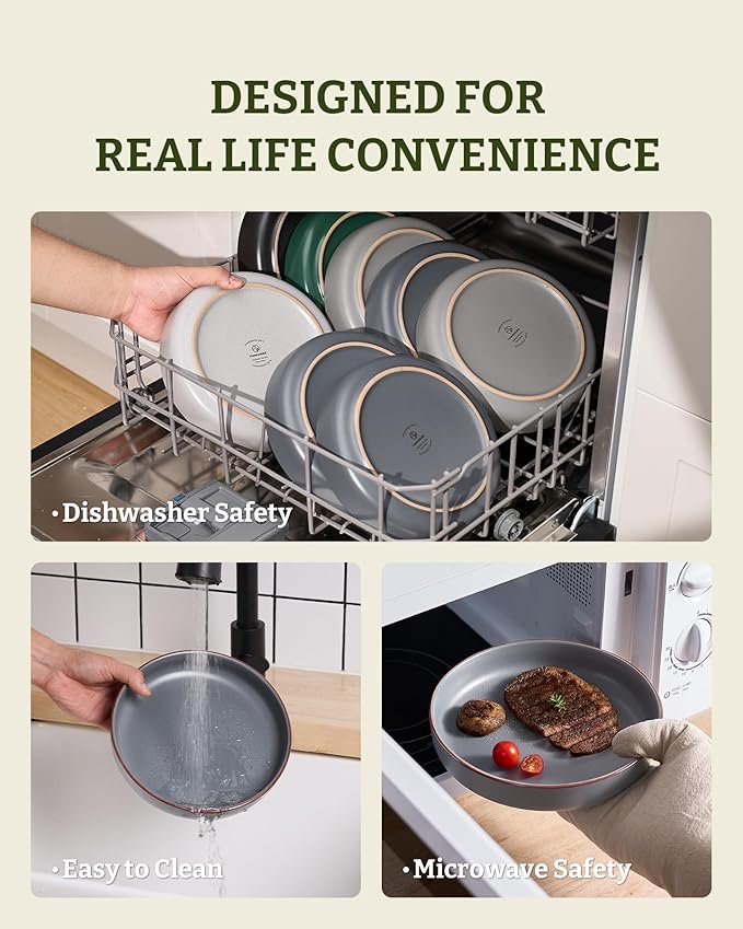 famiware Mercury Pasta Bowls Set of 8, 33 oz Large Salad Bowls, Ceramic Pasta Plates Bowls, Serving Bowls for Kitchen, Microwave & Dishwasher Safe, Charcoal