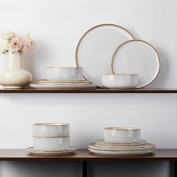 E-far Dinnerware Sets for 6, 18-Piece Stoneware Plates and Bowls Set, Reactive Glaze Dinning Ware Dishes Set, Microwave & Dishwasher Safe - Seashell White