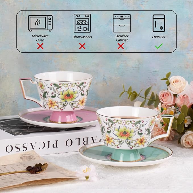 KAMMAK Ceramic Tea Cup and Saucer Set with Gold Trim, Floral Lotus & Scroll Pattern, 240ml Elegant Bone China Coffee Cup Set in Mint Green & Pink for Afternoon Tea, Gift for Women