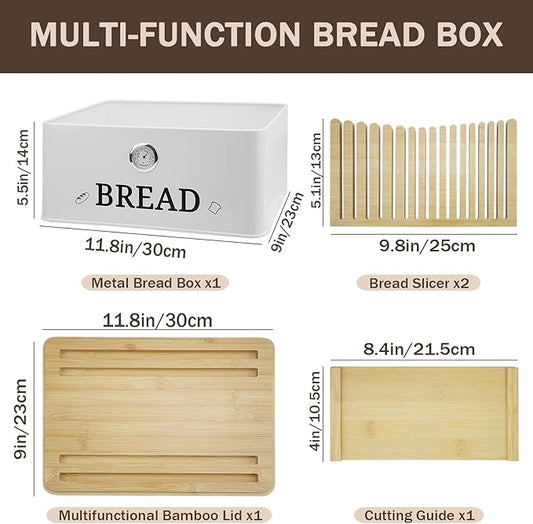White Bread Box for Kitchen Countertop with Bamboo lid, Hygrometer Kitchen Organizer for Sourdough, Buns, and Loaves, Bread Storage Container with Cutting Board Lid