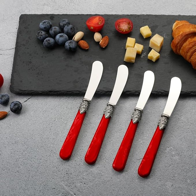 REVERIE Collection 4-piece Stainless Steel Butter Spreader Cheese Knife, Giftable Butter Knives set, Bread Knife set (Red)