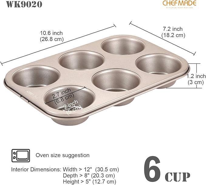CHEFMADE Muffin Cake Pan, 6-Cavity Non-Stick Cupcake Pan Bakeware for Oven Baking (Champagne Gold)