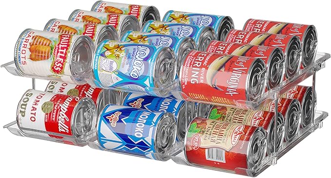 cjc 2 Pack 3 Sets 2 Tiers Clear Can Organizer for Pantry, Holds 48 Cans Stackable Can Organizer for Fridge, Soda Pantry Organizers and Storage Auto-Rolling & Free Combination for Kitchen Cabinet
