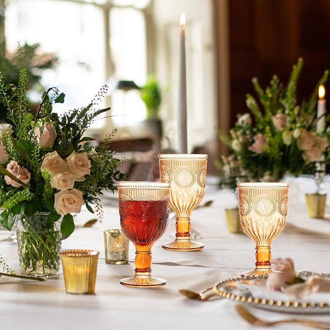 24 Pack Vintage Wine Glasses, Plastic Reusable 12 Ounce Colored Water Goblets, Unique Flower Embossed Pattern Unbreakable Stemmed Wine Glasses High Clear Wedding Party Bar Drinking Cups Amber