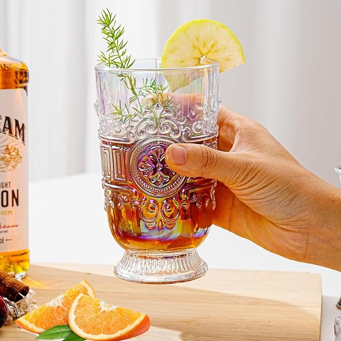 Sungmor Vintage Iridescent Tumblers - Set of 2 Embossed Glasses, 10.8 oz Decorative Drinking Cups for Water, Juice or Cocktails - Elegant Baroque Glassware for Party or Special Occasions